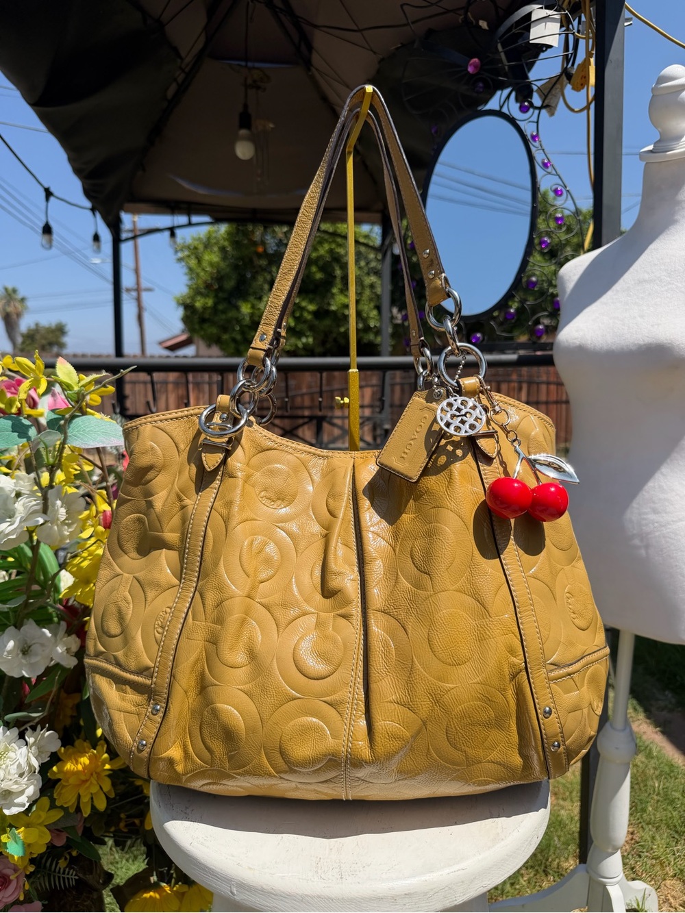 Coach Mustard Yellow Embossed Leather Pleated Tote Shoulder Bag
